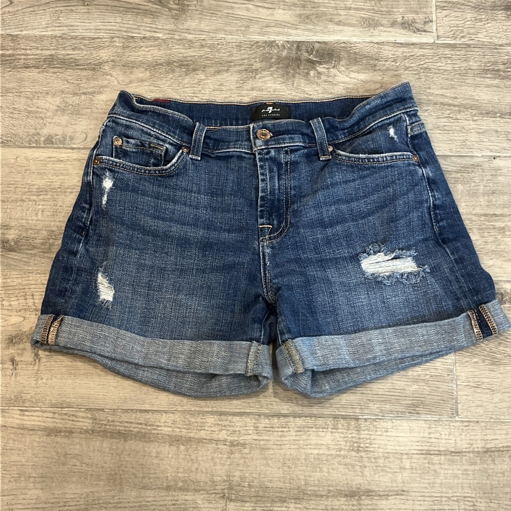 7 For All Mankind‎ Distressed Denim Mid Roll Shorts Medium Wash Cuffed Sz 26